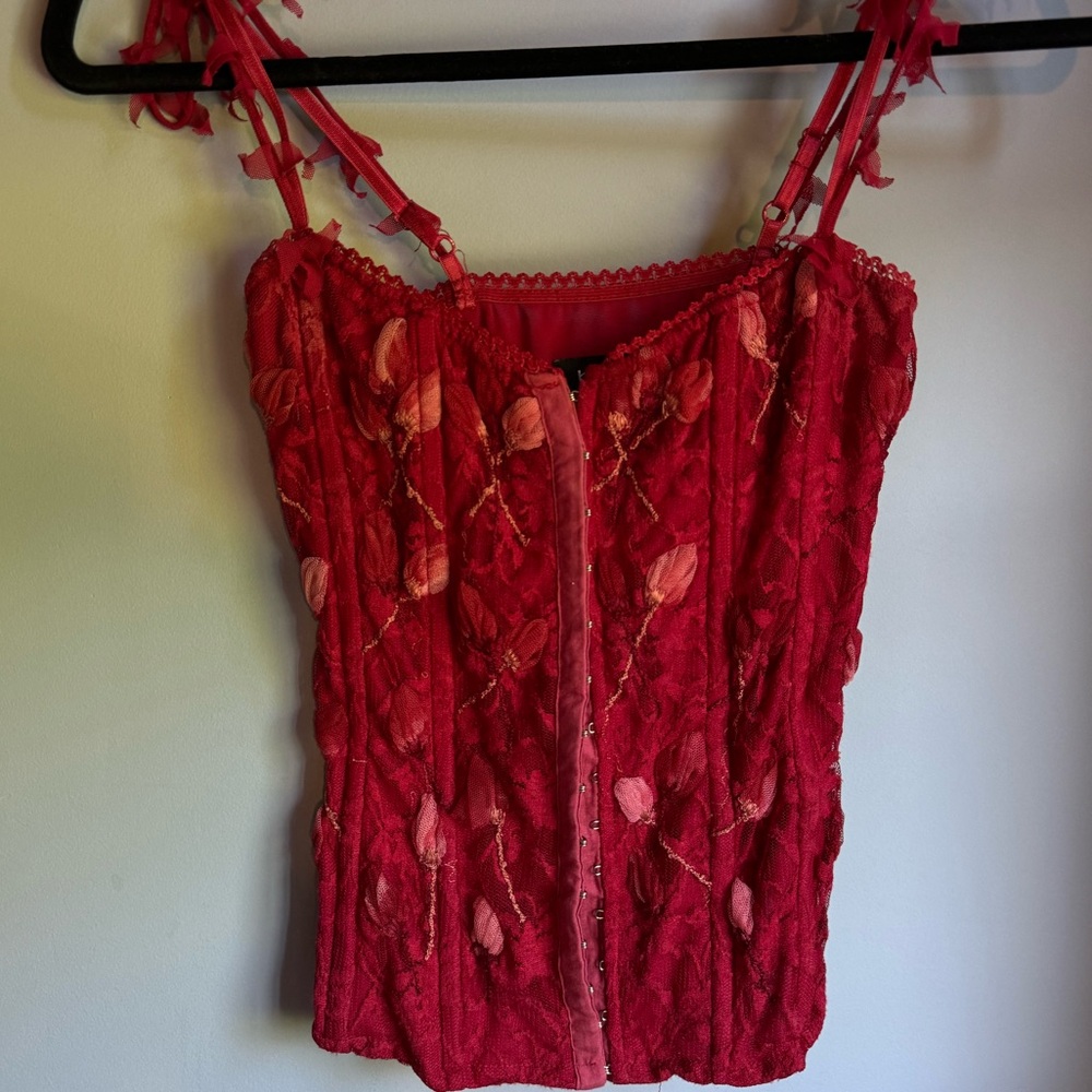 Bebe red floral mesh corset bustier top in XS